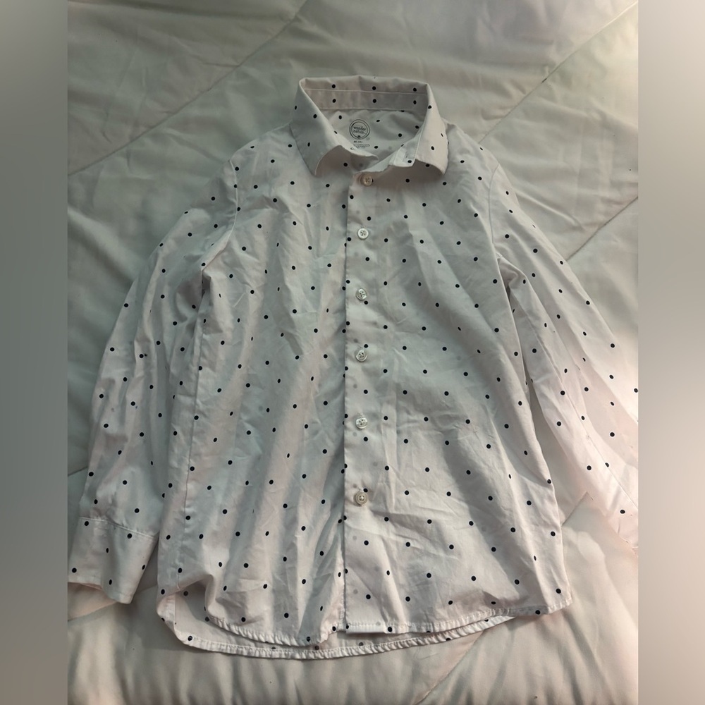 Wonder Nation White Shirt with Black Dots button down shirt with collar size 8